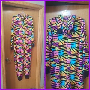 Fun Hooded Onsie Zip Up XL Colorful Zebra Print Adult Pajamas!